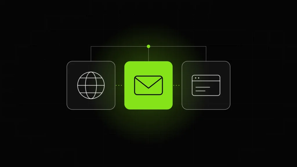 Ilustração de três blocos conectados: um globo (domínio), um envelope (e-mail) e uma janela de navegador (site).