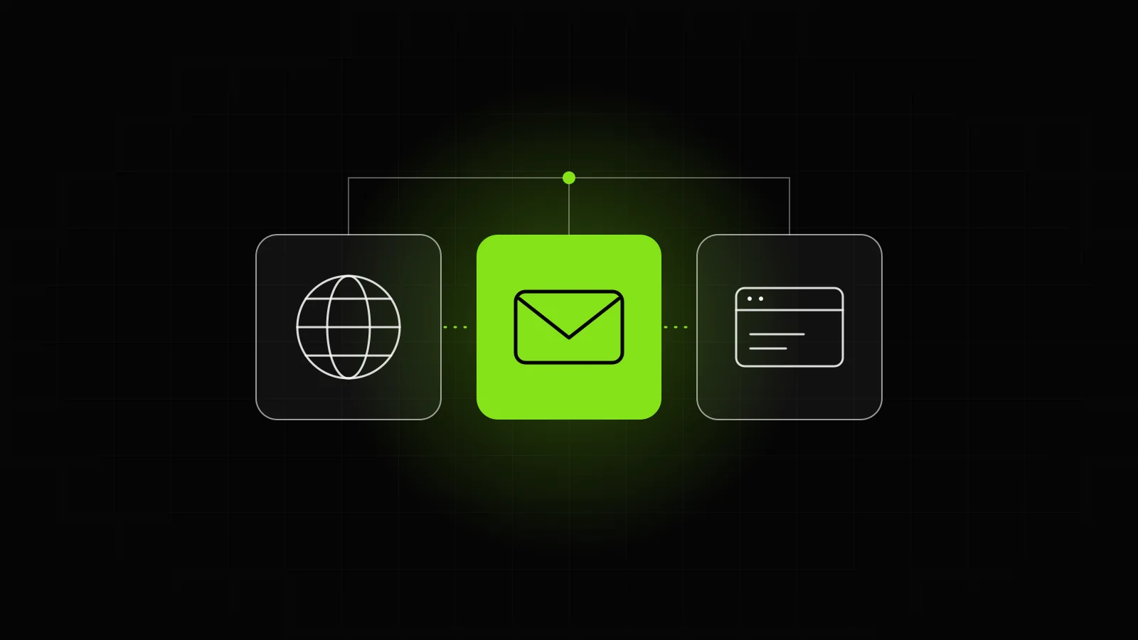 Ilustração de três blocos conectados: um globo (domínio), um envelope (e-mail) e uma janela de navegador (site).