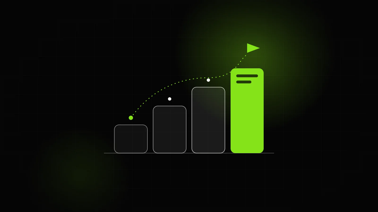 Ilustração de quatro degraus crescentes, o último em verde com uma bandeira, representando os primeiros passos no digital.