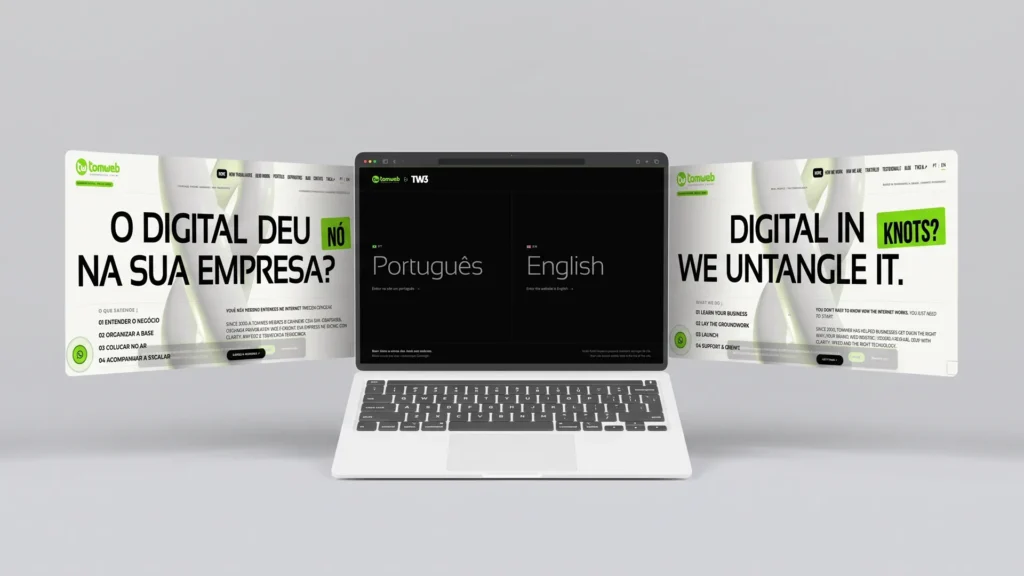 Tomweb website in Portuguese and English shown on a laptop and two screens