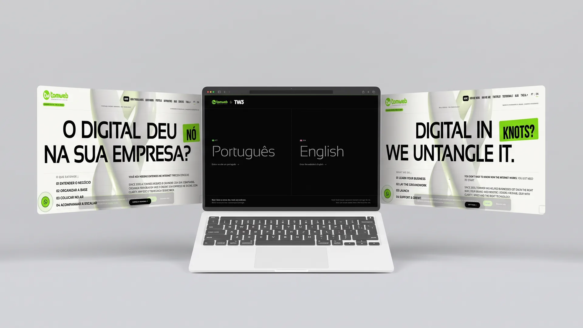 Tomweb website in Portuguese and English shown on a laptop and two screens