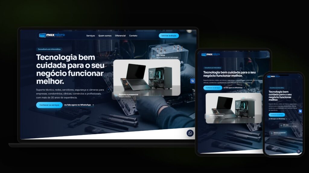 Site da Maxmicro exibido em computador, tablet e celular